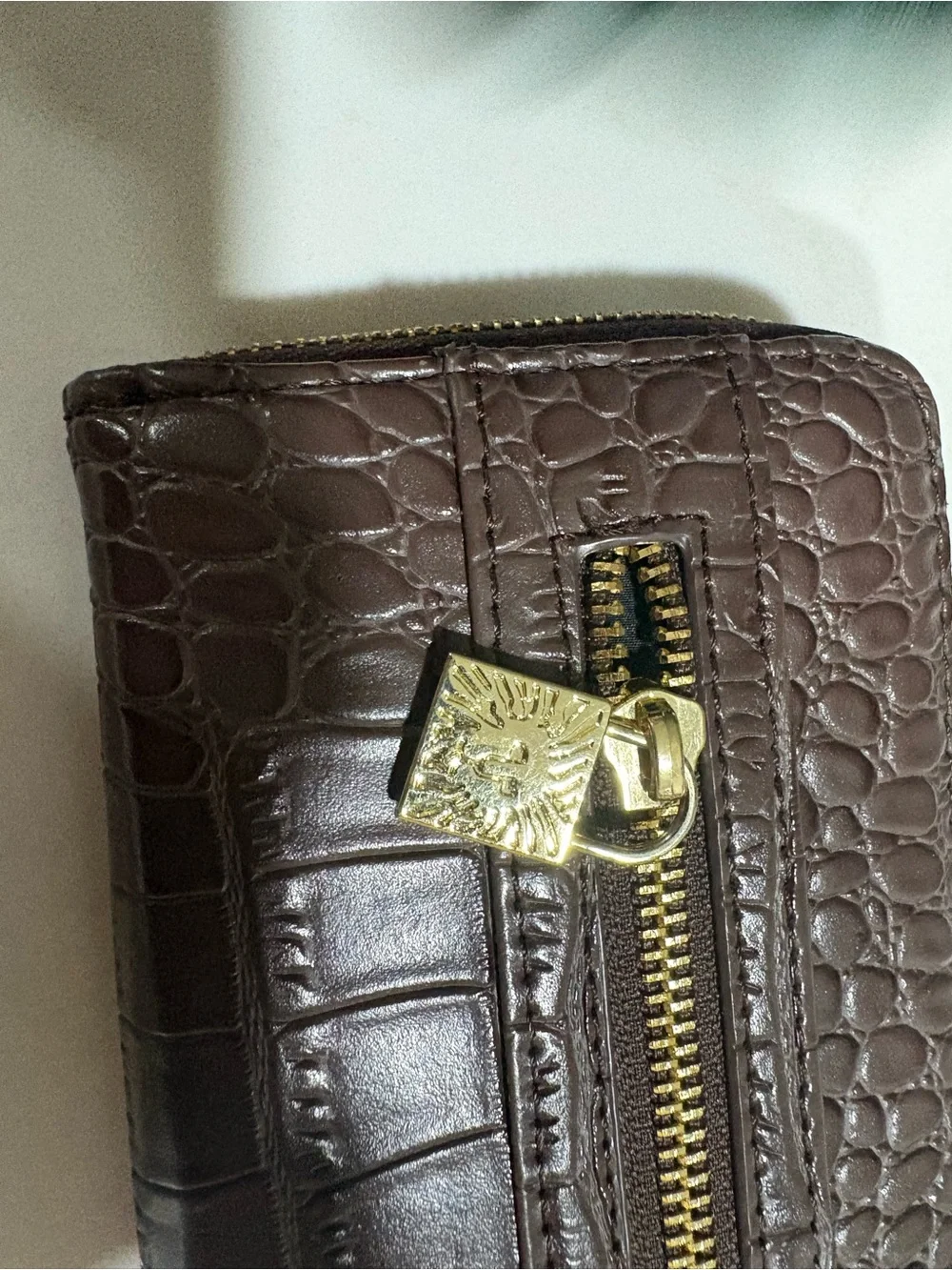 Anne Klein Croc-Embossed Dark Brown Wristlet Wallet with Gold Hardware